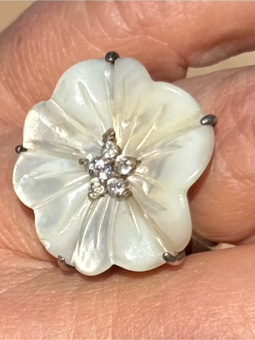Vintage Sterling Silver Mother Of Pearl Flower Crystal Ring 7